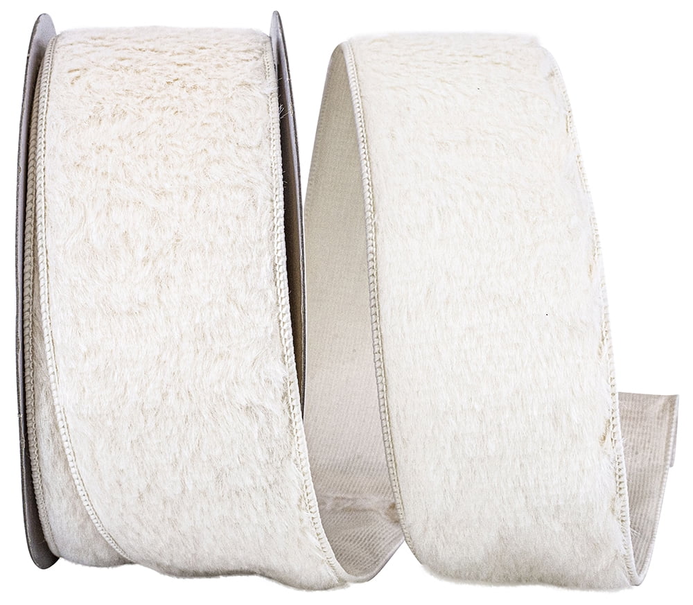 JAM Paper Fluffy Velvet Exotic Wired Edge Ribbon, White, 2.5in x 10yd, 1 per Pack
