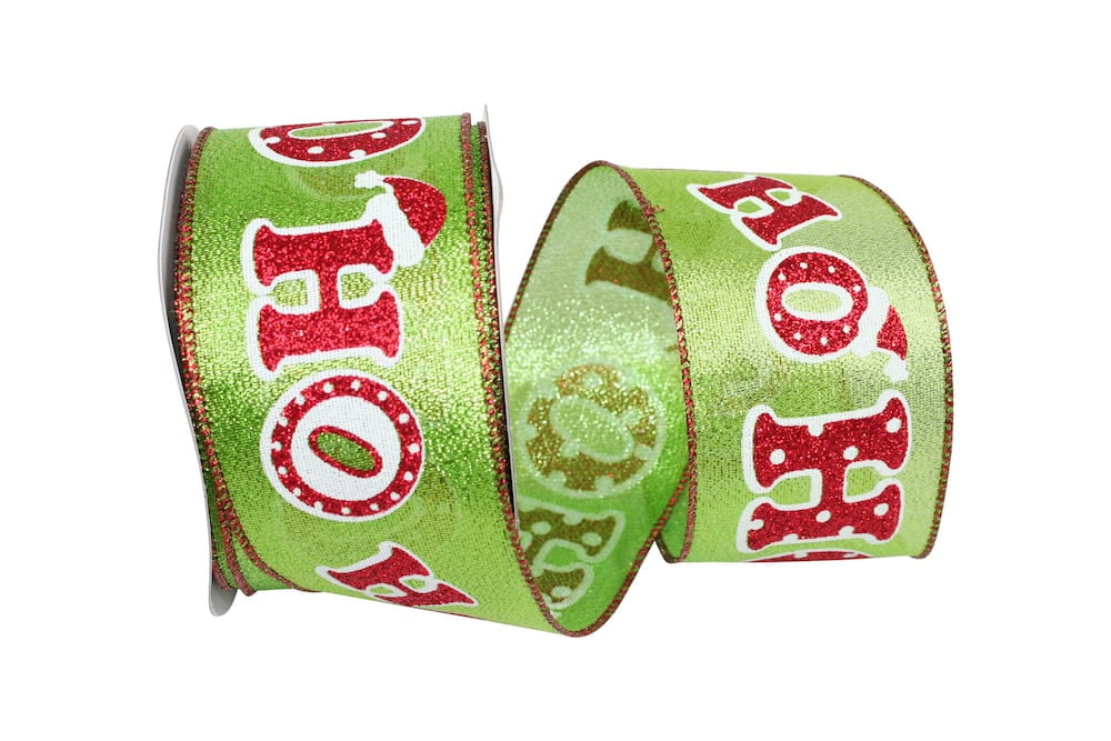JAM Paper Glitter Christmas Lime Green Nylon 'Ho Ho Ho' Ribbon, 10yd x 2.5in, 1/Pack