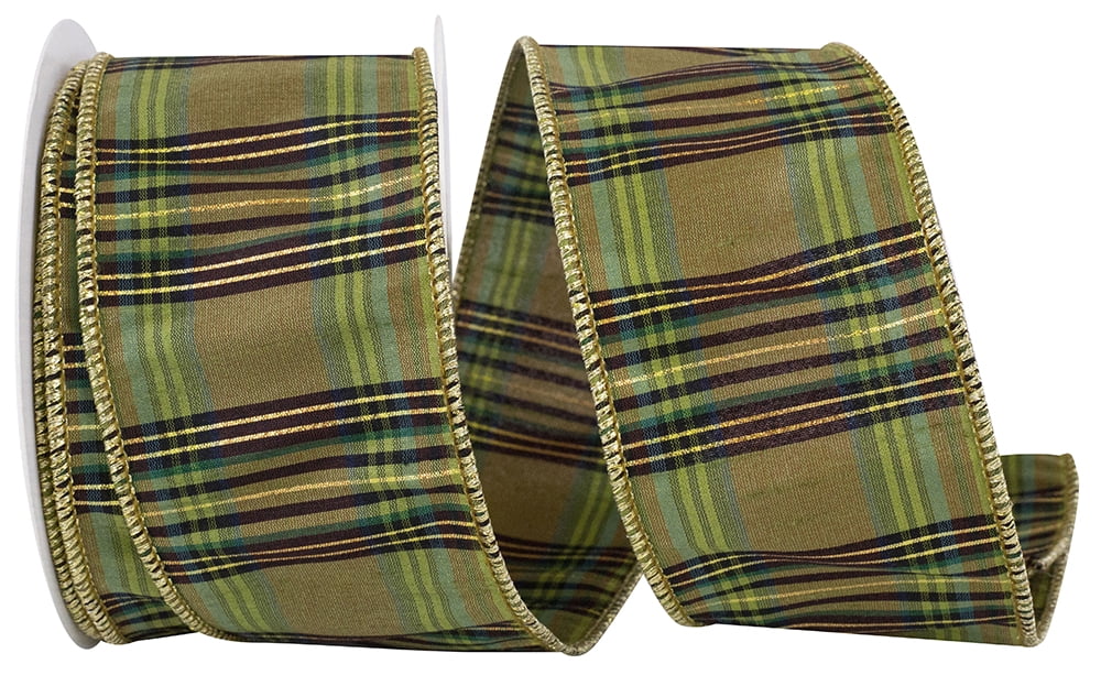 JAM Paper Grandisimo Plaid Dupioni Wired Edge Ribbon, Moss, 2.5in x 10yd, 1 per Pack