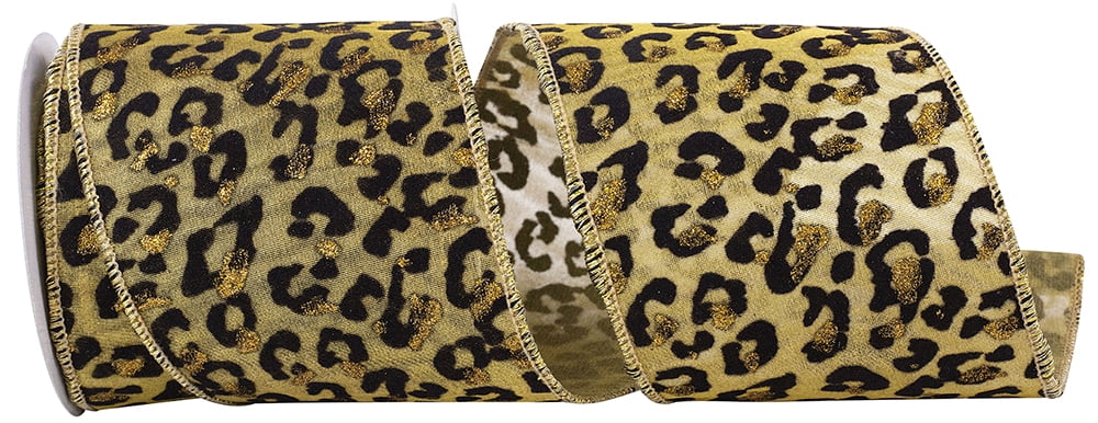JAM Paper Jaguar Spots Deluxe Tissue Silk Mesh Wired Edge Ribbon, Gold & Black, 4in x 5yd, 1 per Pack