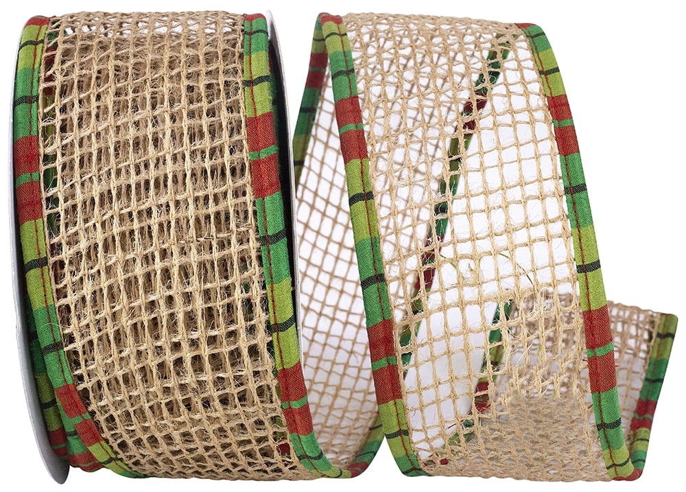 JAM Paper Jute Open Weave Mesh Plaid Wired Edge Ribbon, Natural Ribbon, 2.5in x 10yd, 1 per Pack