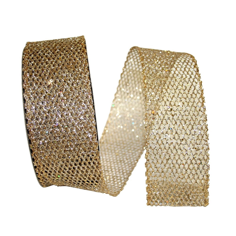JAM Paper Mesh Christmas Gold Polyester Ribbon, 25yd x 2.5in, 1/Pack