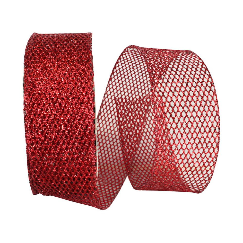 JAM Paper Mesh Christmas Red Polyester Ribbon, 25yd x 2.5in, 1/Pack