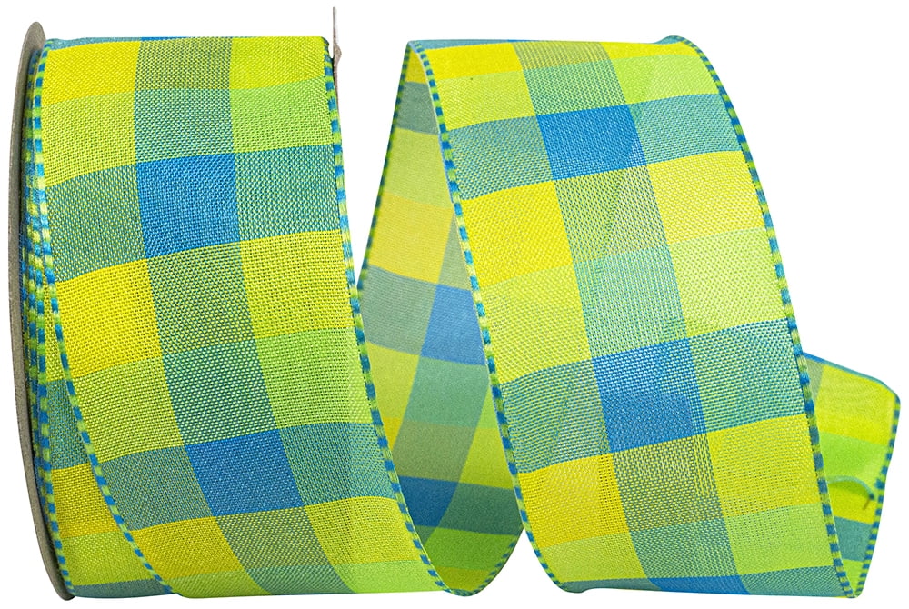 JAM Paper Plaid Bright 3 Value Wired Edge Ribbon, Blue & Green, 1.5in x 10yd, 1 per Pack