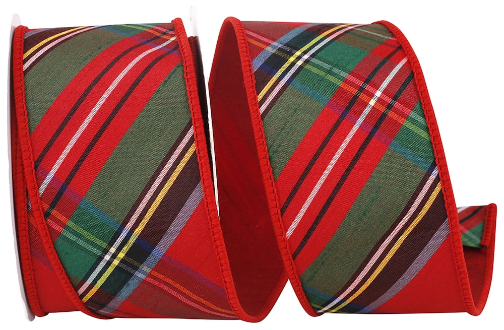 JAM Paper Plaid Dupioni Classic Diagonal Luxe Red Backed Wired Edge Ribbon, Red, 2.5in x 5yd, 1 per Pack