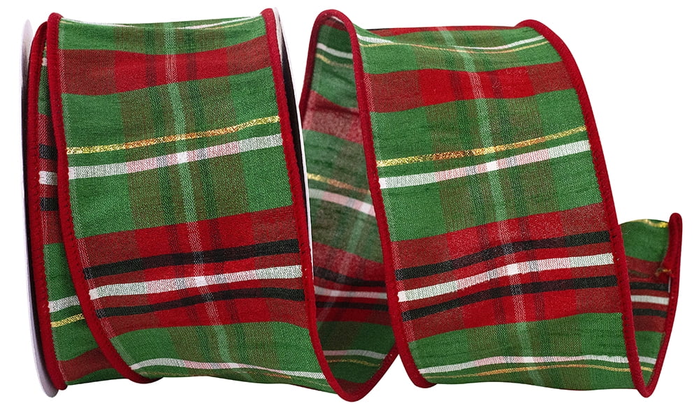 JAM Paper Plaid Dupioni Verde Wired Edge Ribbon, Red & Green, 2.5in x 10yd, 1 per Pack