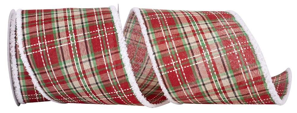 JAM Paper Plaid Saddle Stitch Snowy Frizzette Wired Edge Ribbon, Red & Green, 4in x 10yd, 1 per Pack