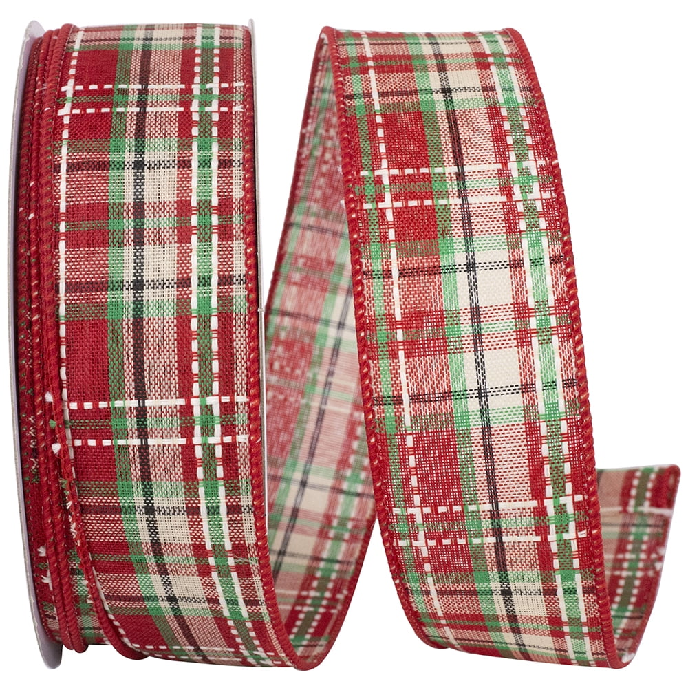 JAM Paper Plaid Tradition Saddle Stitch Value Wired Edge Ribbon, Red & Green, 1.5in x 25yd, 1 per Pack