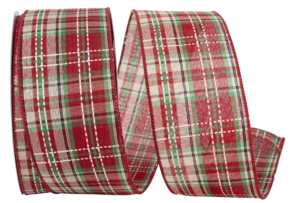 JAM Paper Plaid Tradition Saddle Stitch Value Wired Edge Ribbon, Red & Green, 2.5in x 25yd, 1 per Pack