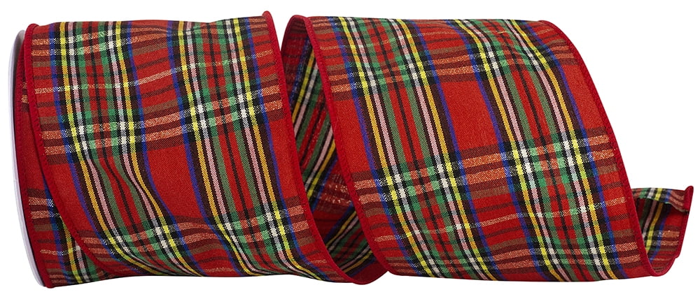 JAM Paper Plaid Traditions Deluxe Wired Edge Ribbon, Red & Green, 4in x 10yd, 1 per Pack