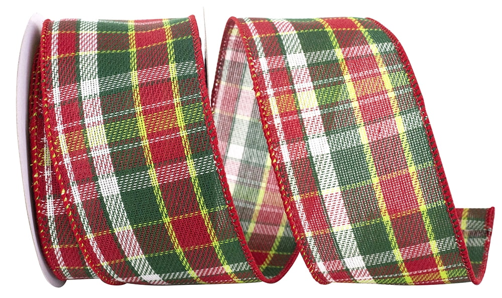 JAM Paper Plaid Twill Holiday Fashion Wired Edge Ribbon, Red & Green, 2.5in x 10yd, 1 per Pack