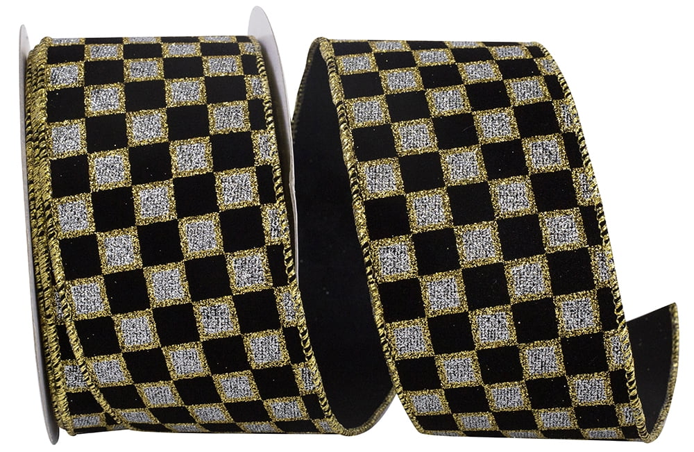JAM Paper Velvet Glitter Checks Wired Edge Ribbon, Black & Silver, 2.5in x 10yd, 1 per Pack