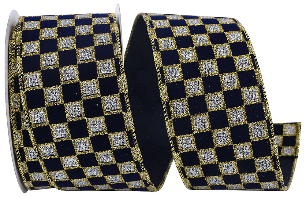 JAM Paper Velvet Glitter Checks Wired Edge Ribbon, Navy & Silver, 2.5in x 10yd, 1 per Pack