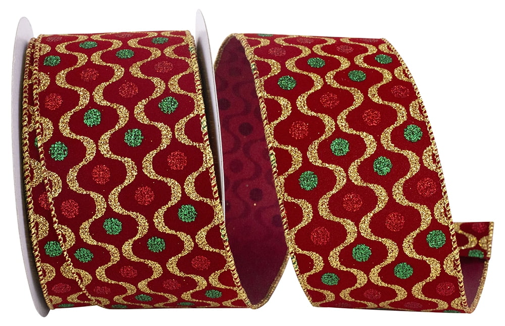 JAM Paper Velvet Glitter Jewel Fiesta Wired Edge Ribbon, Scarlet, 2.5in x 10yd, 1 per Pack