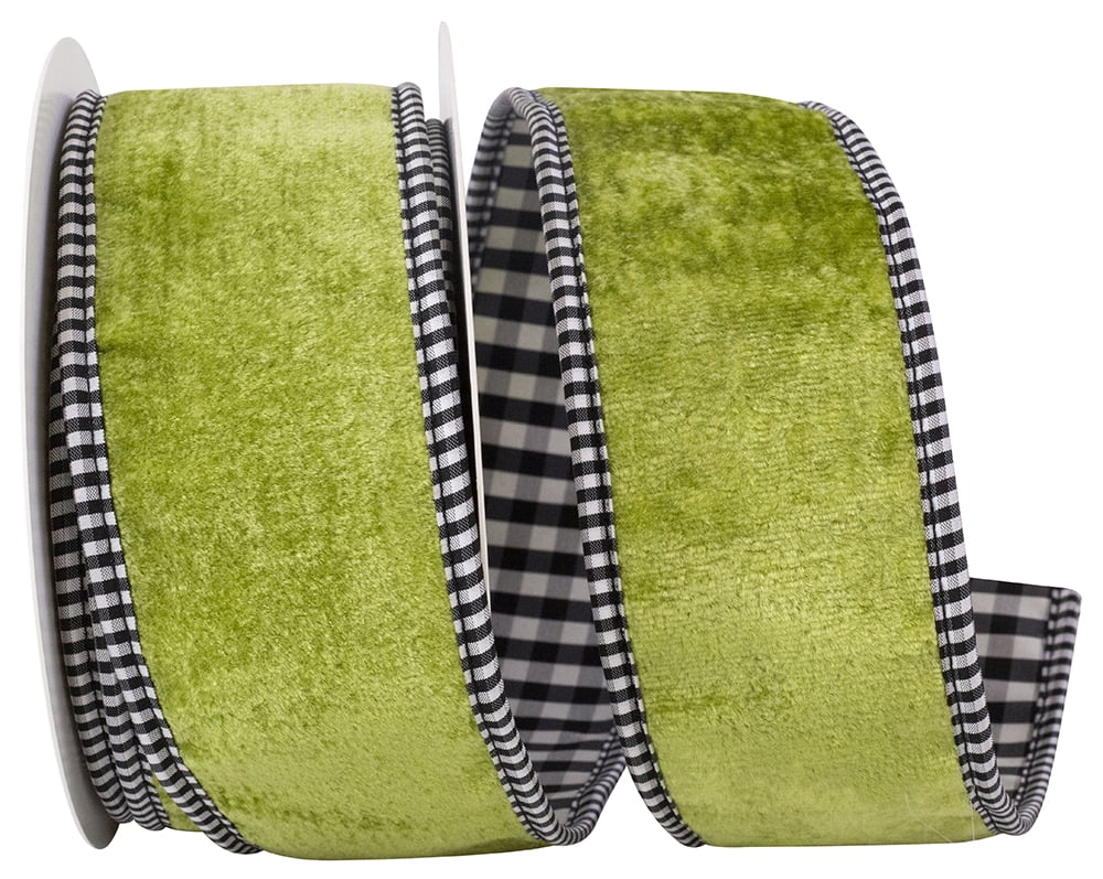 JAM Paper Velvet Plush Gingham Backed Wired Edge Ribbon, Apple Green, 2.5in x 5yd, 1 per Pack