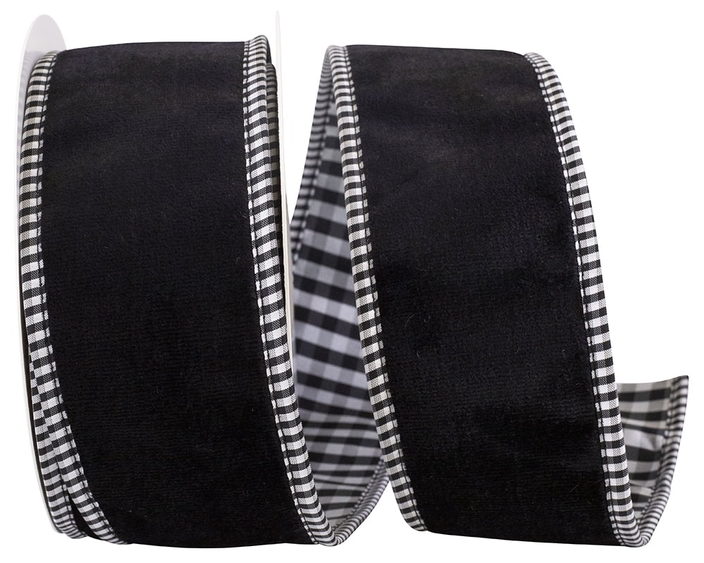 JAM Paper Velvet Plush Gingham Backed Wired Edge Ribbon, Black, 2.5in x 5yd, 1 per Pack
