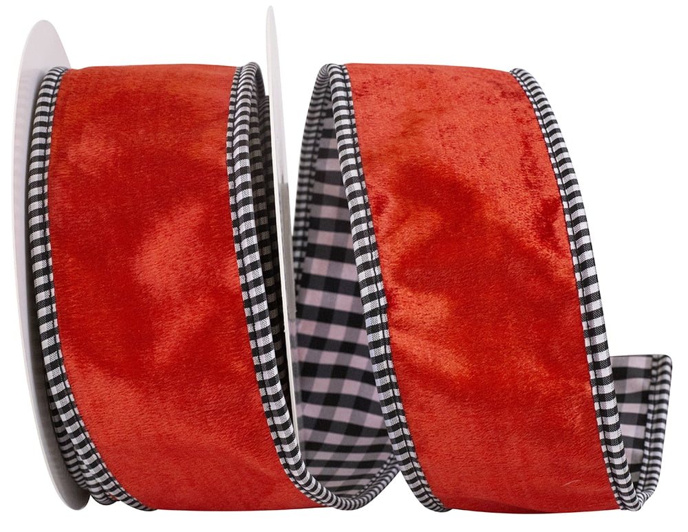 JAM Paper Velvet Plush Gingham Backed Wired Edge Ribbon, Orange, 2.5in x 5yd, 1 per Pack