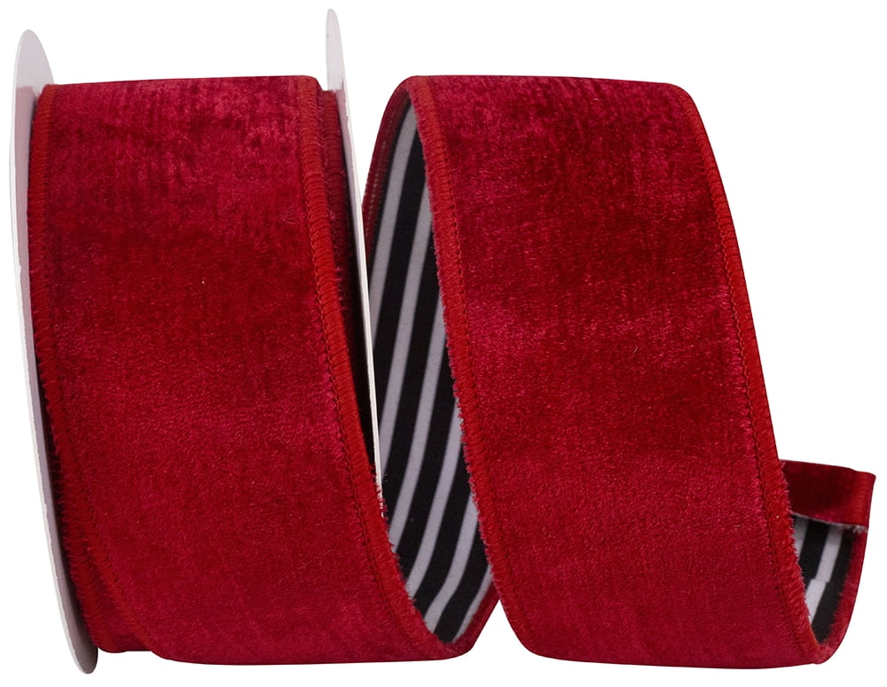 JAM Paper Velvet Plush Striped Backed Wired Edge Ribbon, Red, 2.5in x 5yd, 1 per Pack