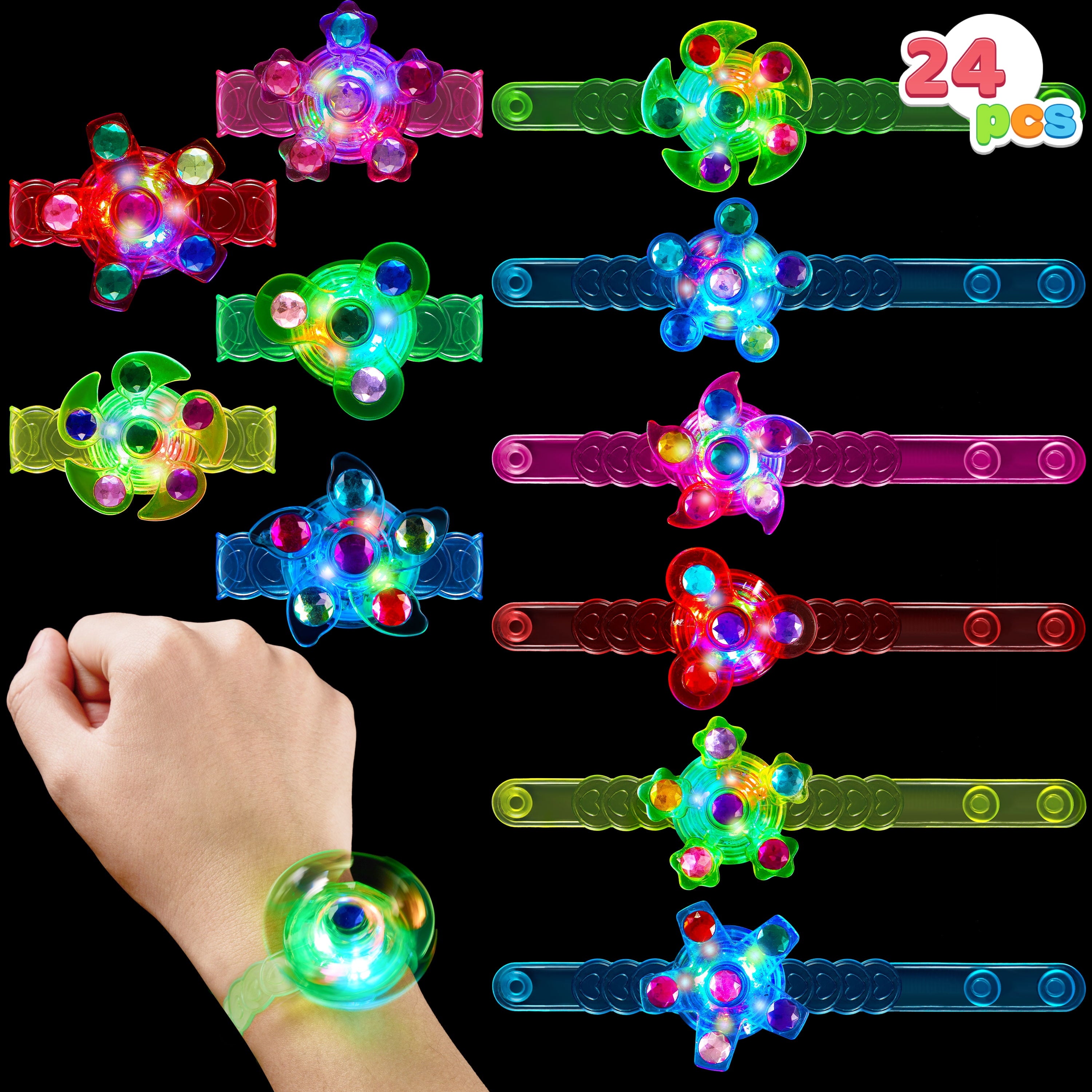 Joyfy 24 Pack Glow in the Dark Party Favors LED Fidget Toys Light Up Spinning Bracelets for Kids, Treasure Box Toys for Classroom, Birthday Gifts