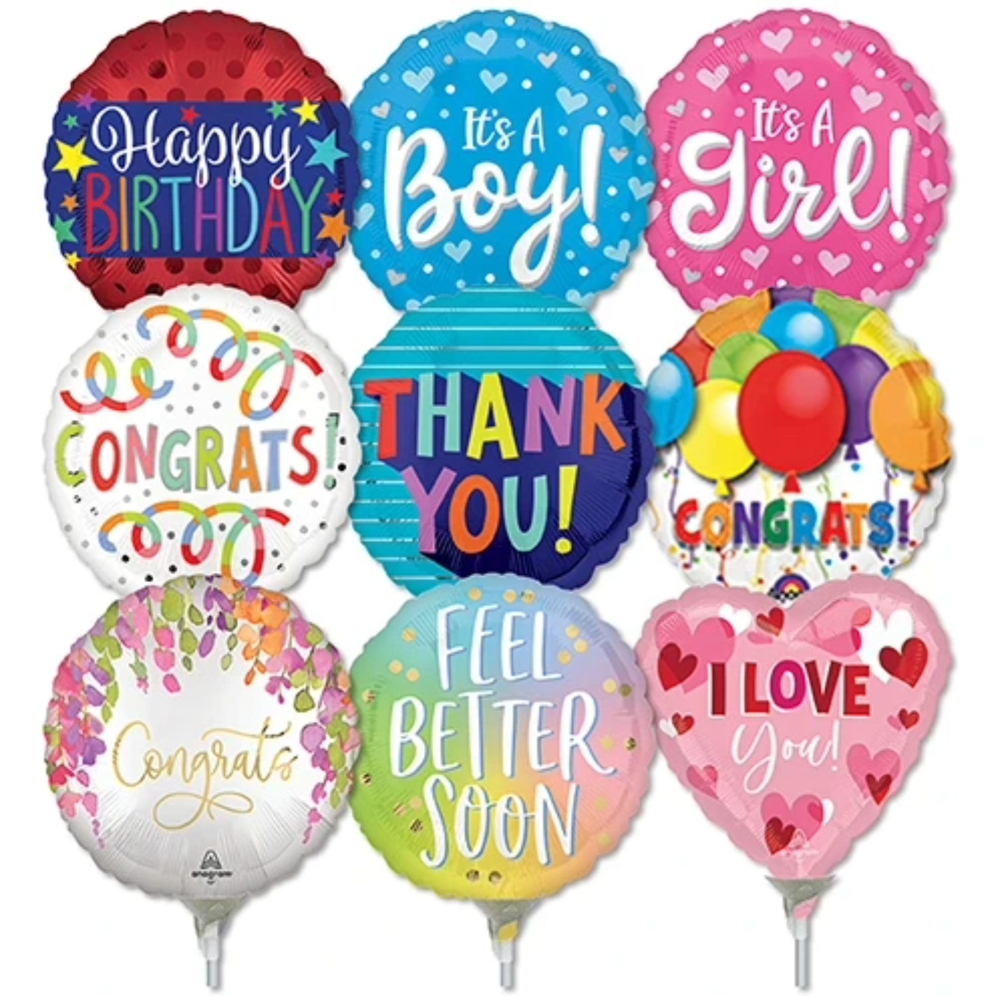 LoonBalloon 4 Inch Assorted Message Stick Balloons (30 Pack) - Pre-Inflated