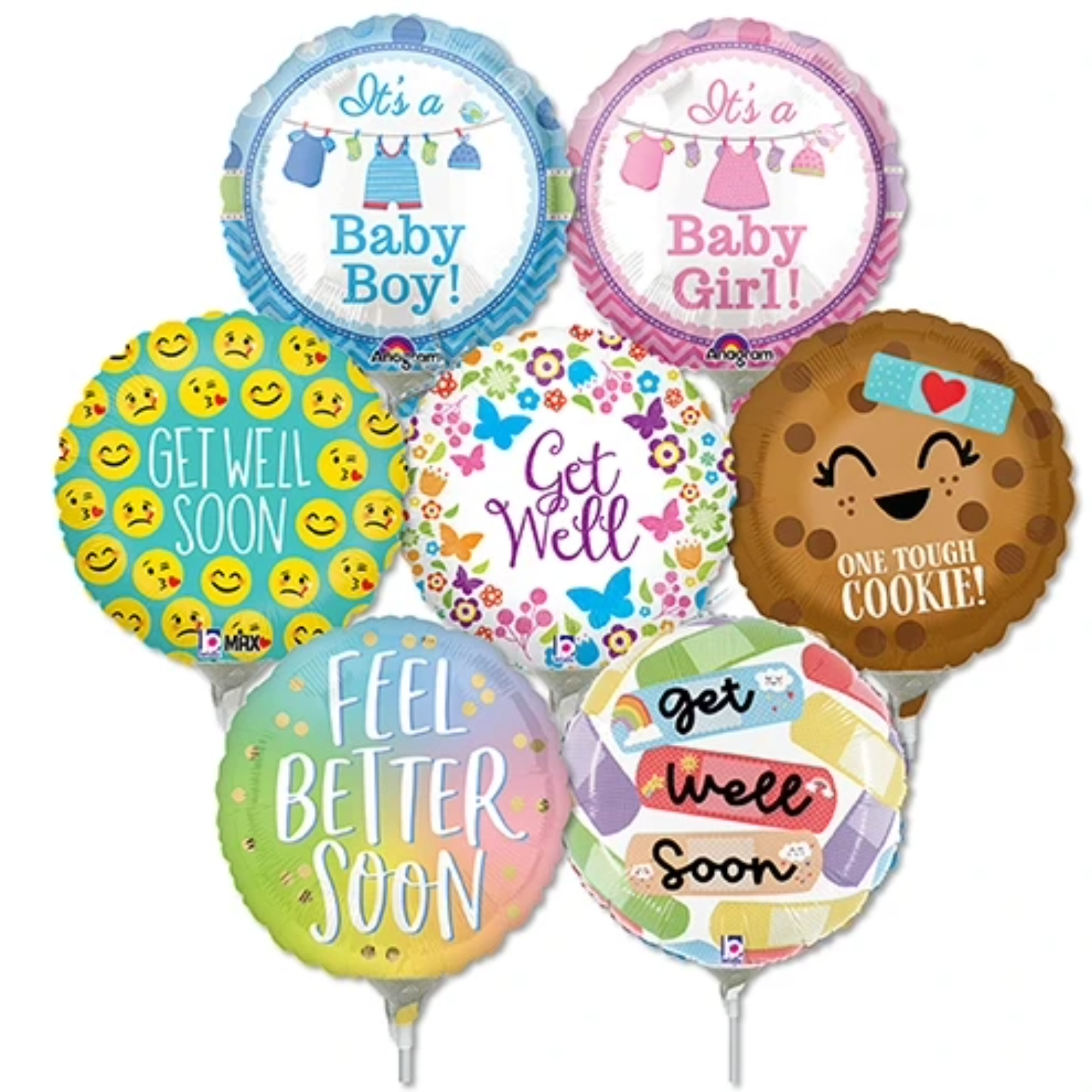 LoonBalloon 9 Inch Get Well & Baby Stick Value Pack Balloons (30 Pack) - Pre-Inflated