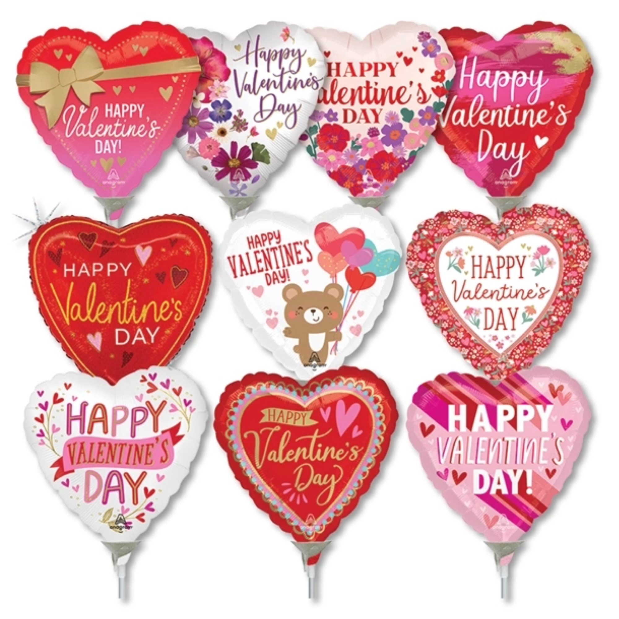 LoonBalloon 9 Inch Valentine Stick Value Pack Balloons (30 Pack) - Pre-Inflated