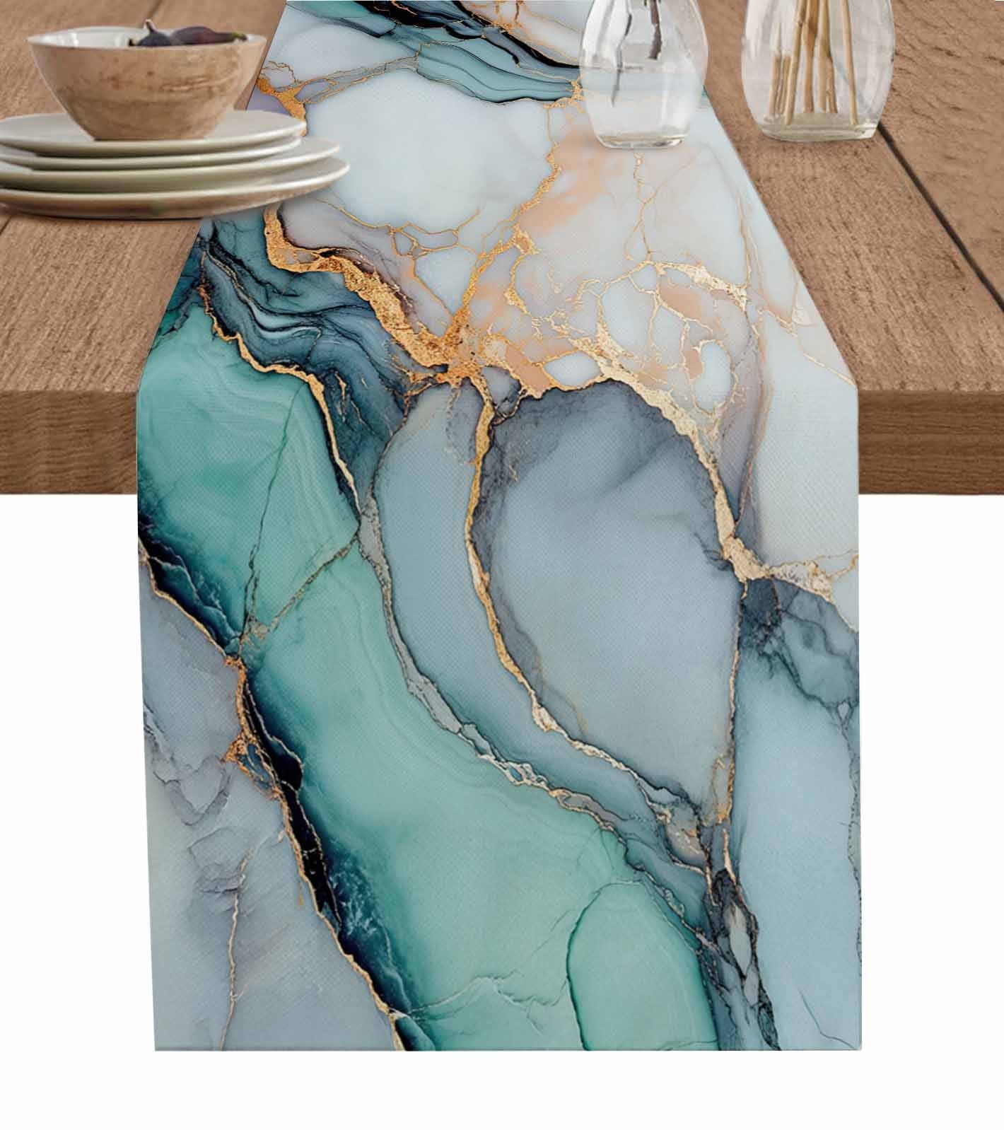 Marble Table Runner Turquoise Gray Blue Gradient Modern Geometric Tablerunners 18 x 72 Inch, Table Decorations Tabletop Scarf for Summer Gathering Holiday Farmhouse Kitchen Dining Decor