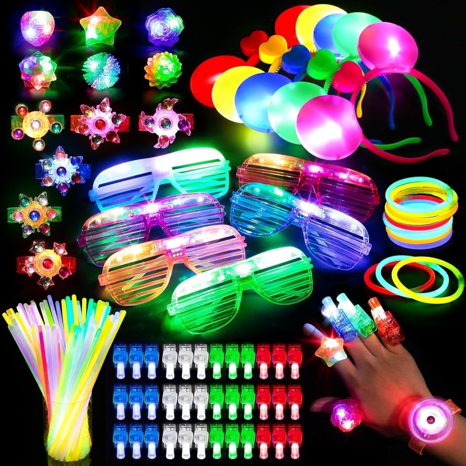 Mocoosy 103Pcs Glow in the Dark Party Supplies Light Up Party Favors LED Neon Halloween Toys Glow Sticks Bulk With Glow Sticks, Finger Lights, Led Glasses,Jelly Rings, Light Up Bracelets &Headbands