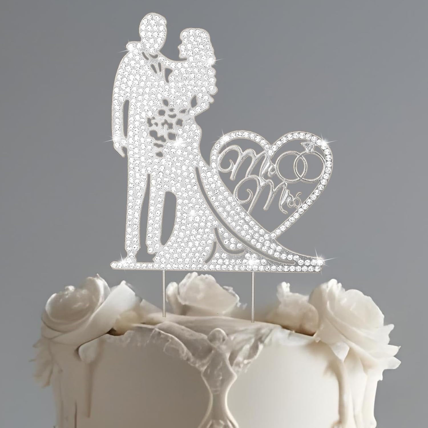 Mr and Mrs Cake Topper - 1Pcs Rhinestone Metal Love Bride and Groom Wedding Cake Topper - Silver Anniversary Party Bridal Shower Engagement Cake Decorations (Silver)
