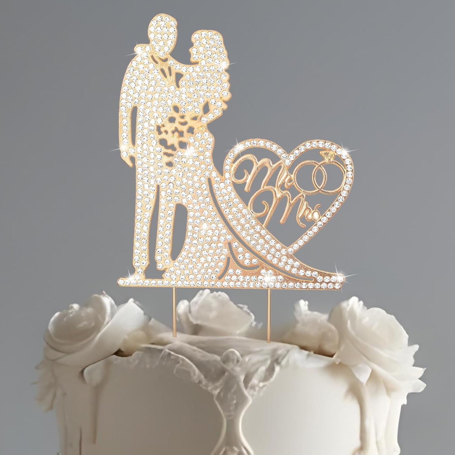 Mr and Mrs Cake Topper - 1Pcs Rhinestone Metal Love Bride and Groom Wedding Cake Topper - Silver Anniversary Party Bridal Shower Engagement Cake Decorations (Silver)
