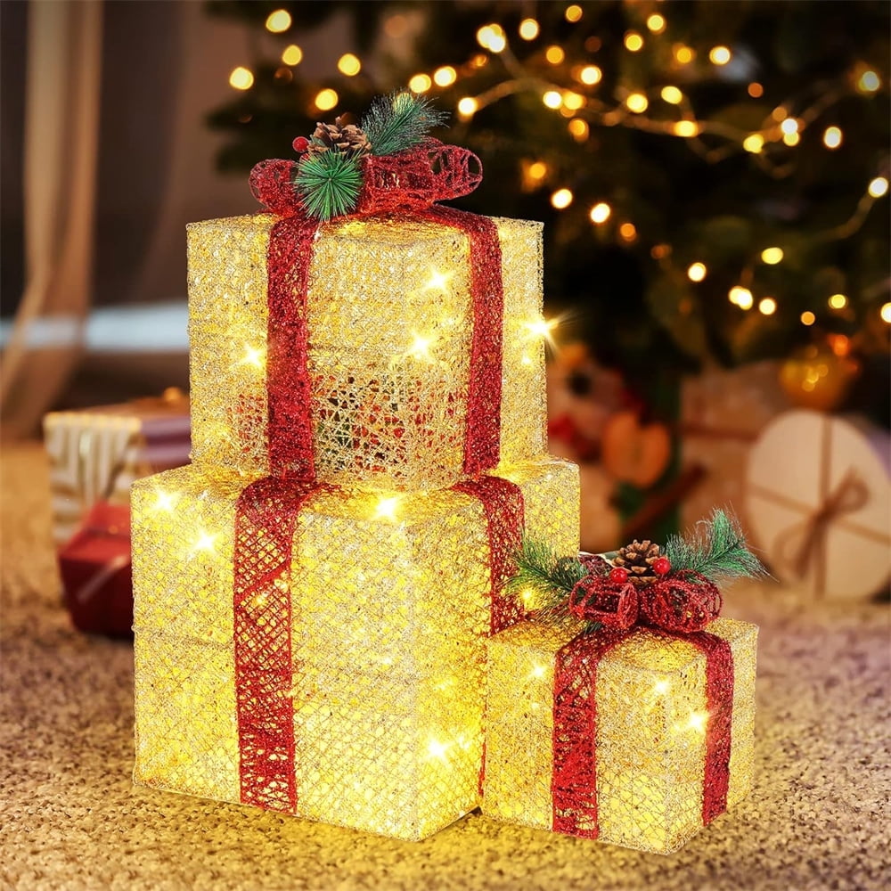 NOGIS Christmas Lighted Gift Boxes Set of 3 with Plug, Weather Proof Nestable Present Boxes Ornament Home Decor Pre-lit 60 LED Lights Pre-Secured Bowknot for Indoor or Outdoor Christmas Decor