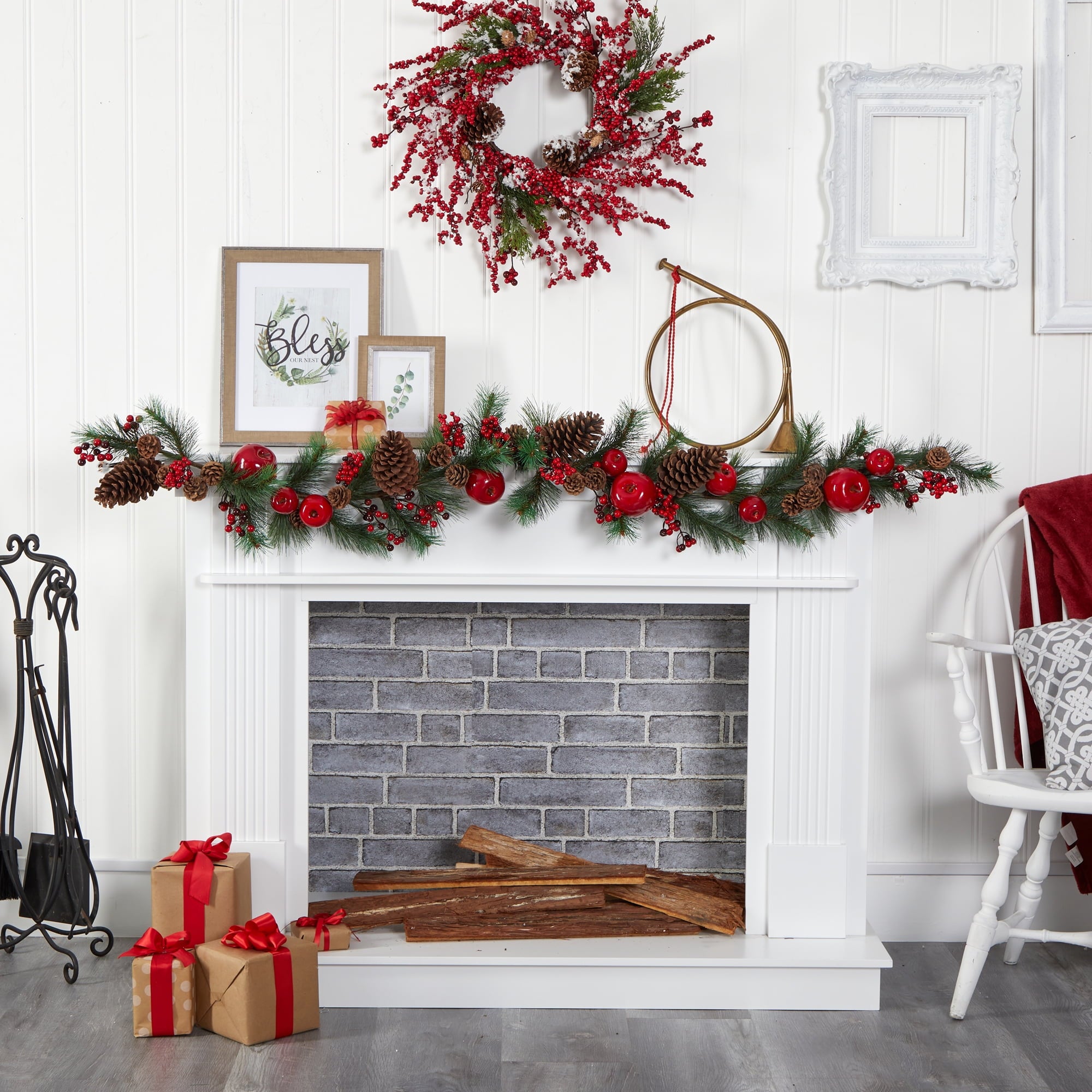 Nearly Natural Floral Holiday Pine Garland, 72.00" (Assorted Colors)