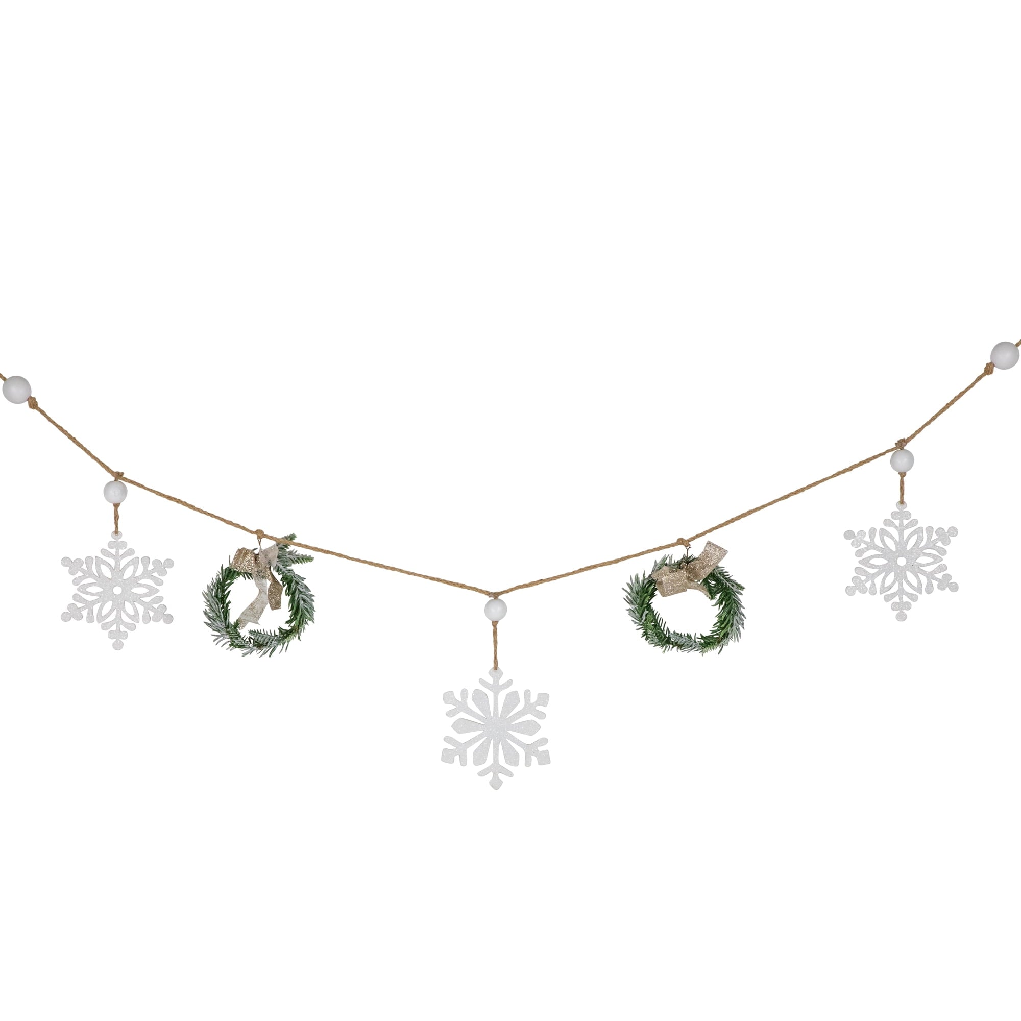 Northlight Snowflake and Frosted Mini Wreaths Christmas Garland with Wooden Beads - 4.75'