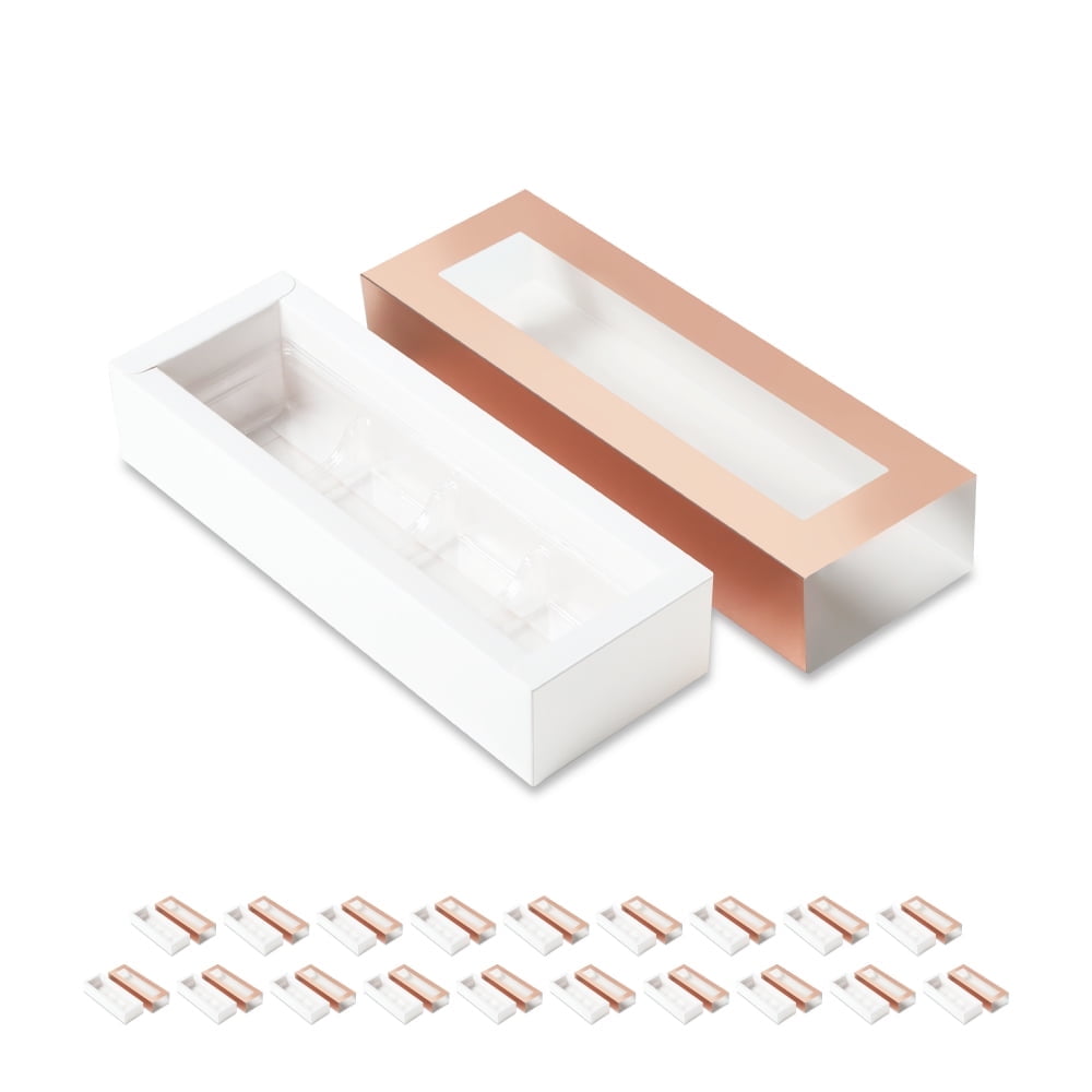 PKGSMART 20 Truffle Boxes, Chocolate Boxes with Clear Window Sleeves, White Candy Boxes with 4-Piece Plastics Tray, 6.2x1.7x1.25 inches