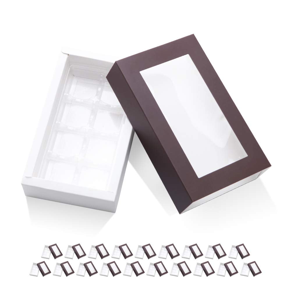 PKGSMART 20 Truffle Box with Clear Window Sleeves, Brown Chocolate Box Packaging, Candy Boxes with 8-Piece Plastics Tray(Tray Size with 5.75x2.75 inches)