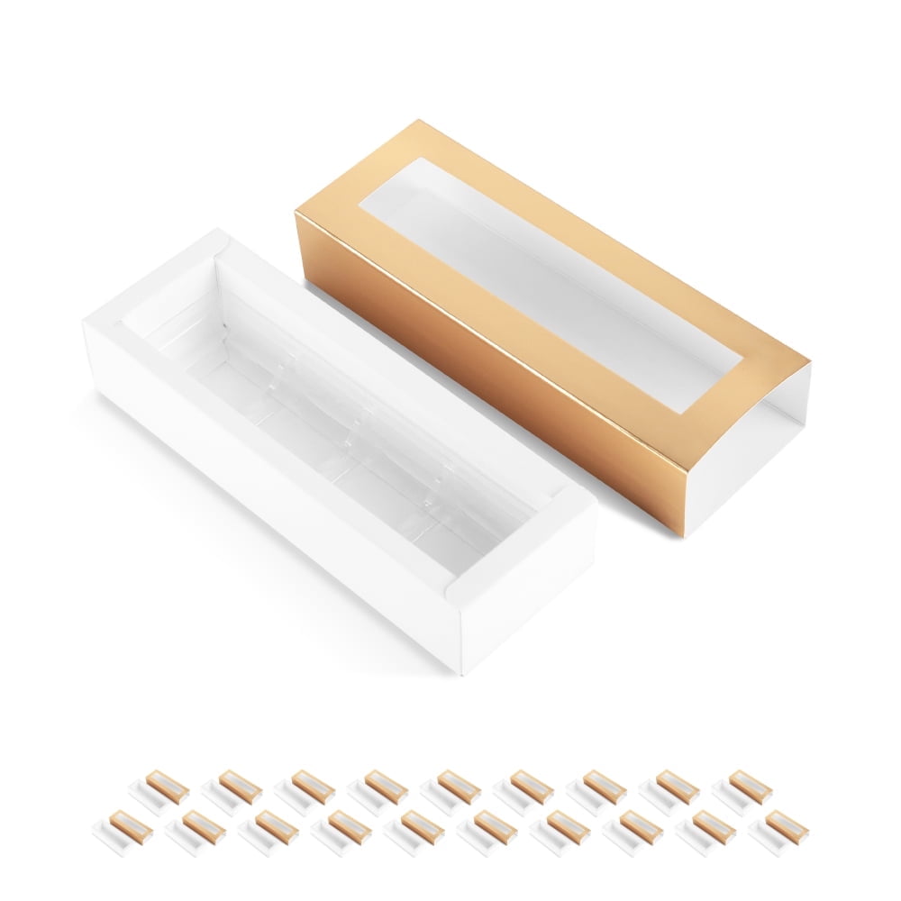 PKGSMART 20 Truffle Boxes, Chocolate Boxes with Clear Window Sleeves, White Candy Boxes with 4-Piece Plastics Tray, 6.2x1.7x1.25 inches