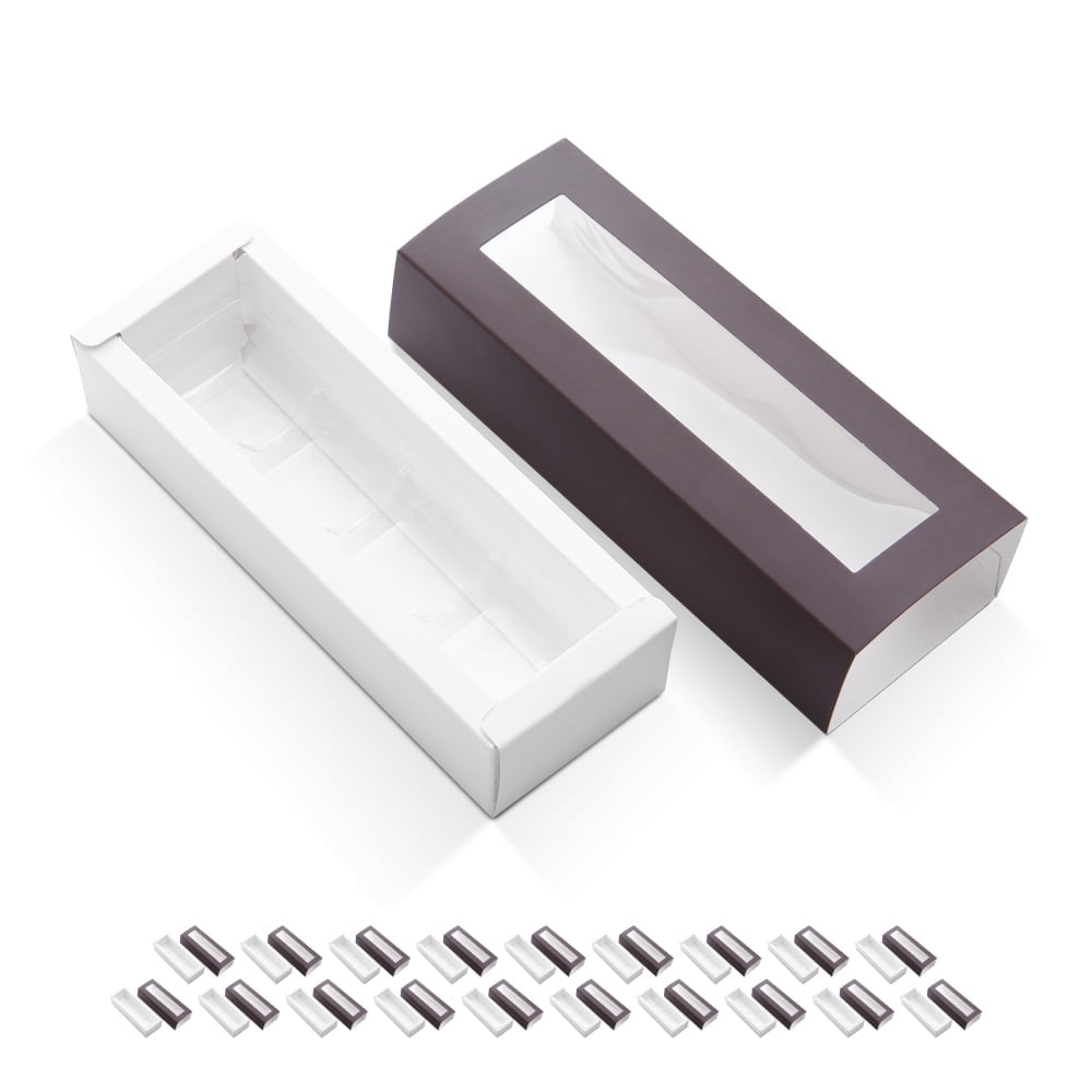 PKGSMART 20 Truffle Boxes, Chocolate Boxes with Clear Window Sleeves, White Candy Boxes with 4-Piece Plastics Tray, 6.2x1.7x1.25 inches