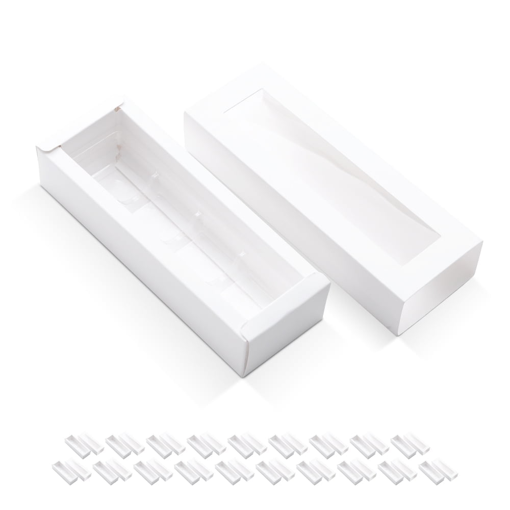 PKGSMART 20 Truffle Boxes, Chocolate Boxes with Clear Window Sleeves, White Candy Boxes with 4-Piece Plastics Tray, 6.2x1.7x1.25 inches
