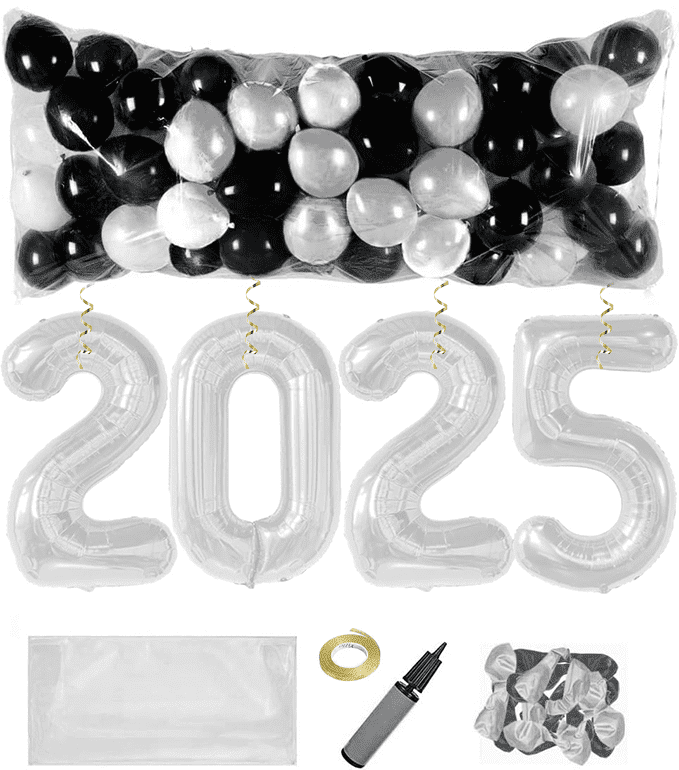 PMU New Year's Eve Party Balloon Drop Kit (100pcs Assorted 9in and 5in Balloons with Hand Pump) Silver and White Assortment with 4pcs "2025" 40in Silver Mylar Balloons 1 Set Assortment