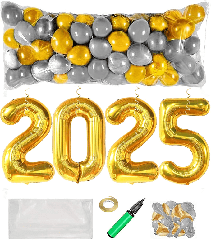 PMU New Year's Eve Party Balloon Drop Kit (100pcs Assorted 9in and 5in Balloons with Hand Pump) Silver and White Assortment with 4pcs "2025" 40in Silver Mylar Balloons 1 Set Assortment