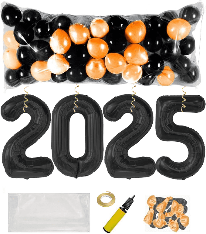 PMU New Year's Eve Party Balloon Drop Kit (100pcs Assorted 9in and 5in Balloons with Hand Pump) Silver and White Assortment with 4pcs "2025" 40in Silver Mylar Balloons 1 Set Assortment