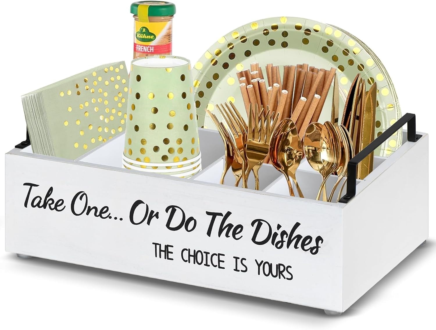 Paper Plate Dispenser, Paper Plate Holder for Kitchen Counter, Wood Rustic Silverware Utensil Caddy, Cutlery Flatware Organizer Box for Cups Spoons Forks Plates Napkins, Kitchen Accessories