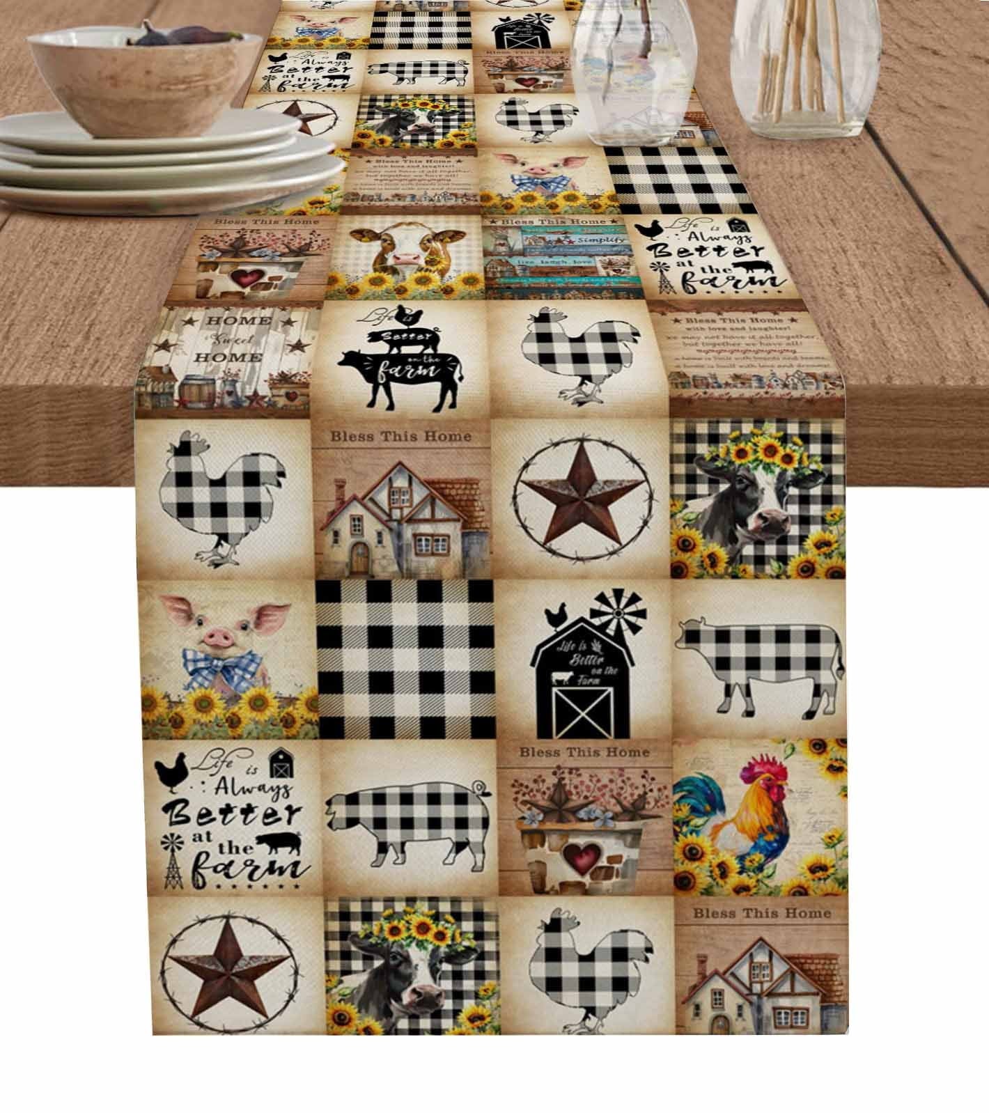 Retro Country Table Runner Vintage Farmhouse Rooster Stars Tablerunners 13 x 90 Inch, Table Decorations Tabletop Scarf for Summer Gathering Holiday Farmhouse Kitchen Dining Decor