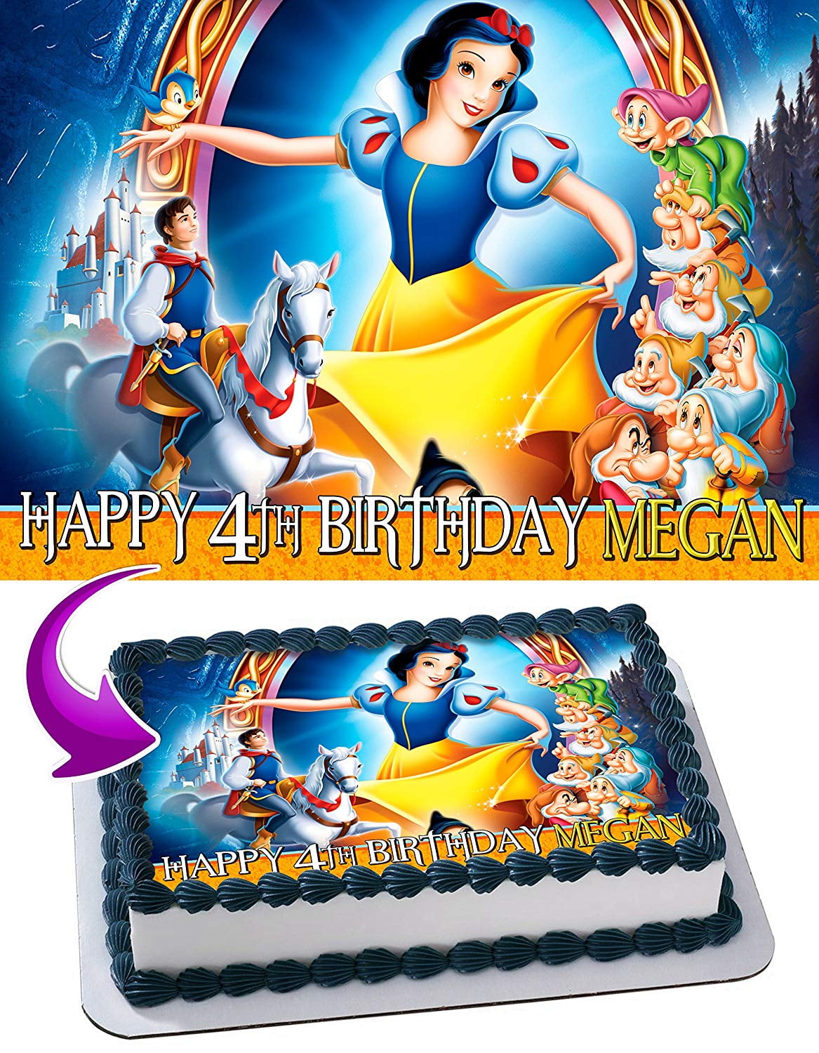 Snow White - Edible Cake Topper - 11.7 x 17.5 Inches 1/2 Sheet rectangular