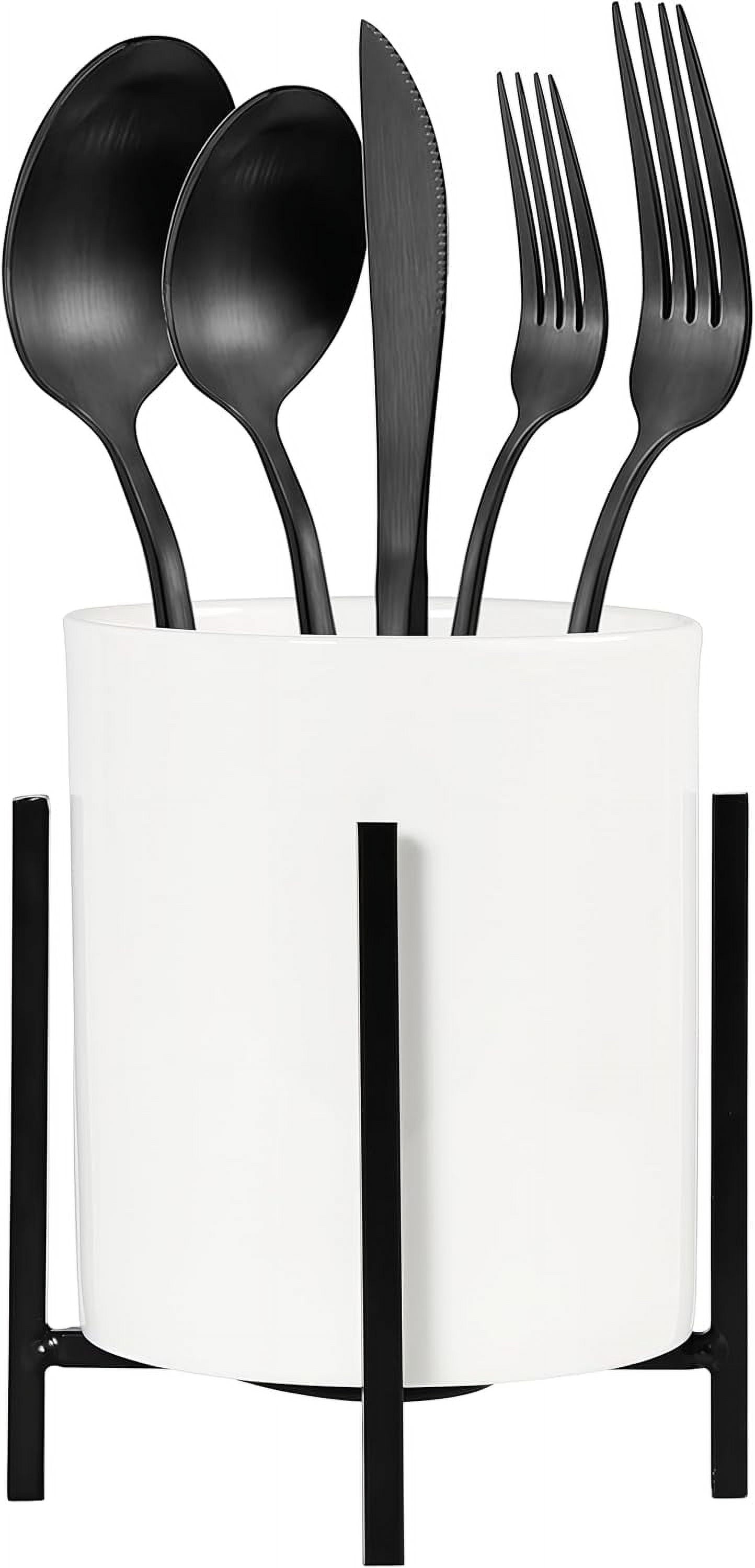 Farmhouse Flatware Holder for Dinner Table, Kitchen Holder for Serving Utensils, Decorative Cutlery Utensil Holder for Kitchen or Parties, Cup with Silver Trim, 1 Pcs