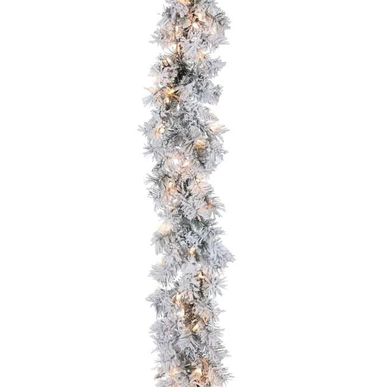 Sterling  9 ft. Elegant Heavy Flocked Spruce Garland with Warm White LED Lights - White