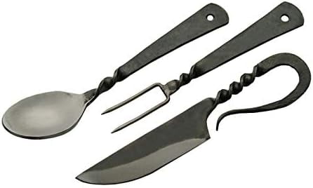 Supplies 7.25" Hand-Forged Medieval Cutlery Set – Carbon Steel Fork, Knife, Spoon with Leather Pouch, Renaissance Costume Utensils for Camping, Cosplay, and Historical Display