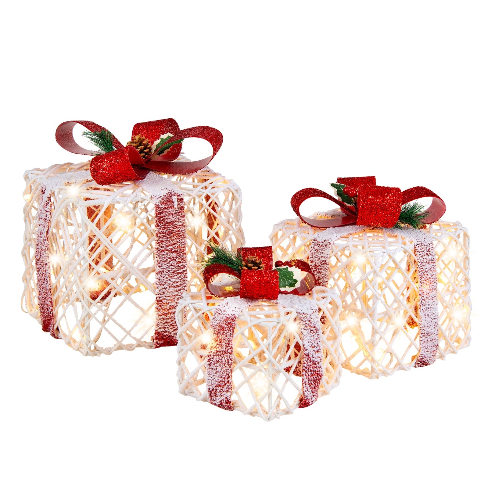 Topbuy Set of 3 Christmas Lighted Gift Boxes Battery Powered Present Boxes w/Red Bows 60 Warm Lights & 6 Hours Timing Function