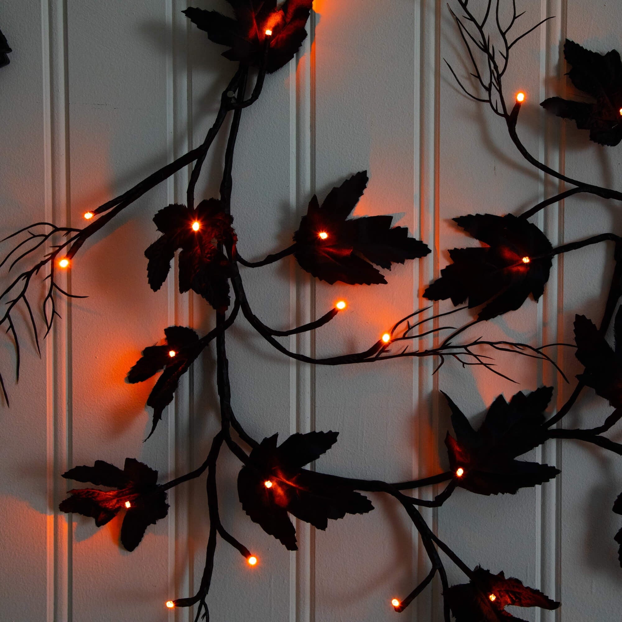 Nearly Natural 6.5ft. Pre-Lit Artificial Halloween Black Maple Garland with 48 Orange & Purple LED Lights