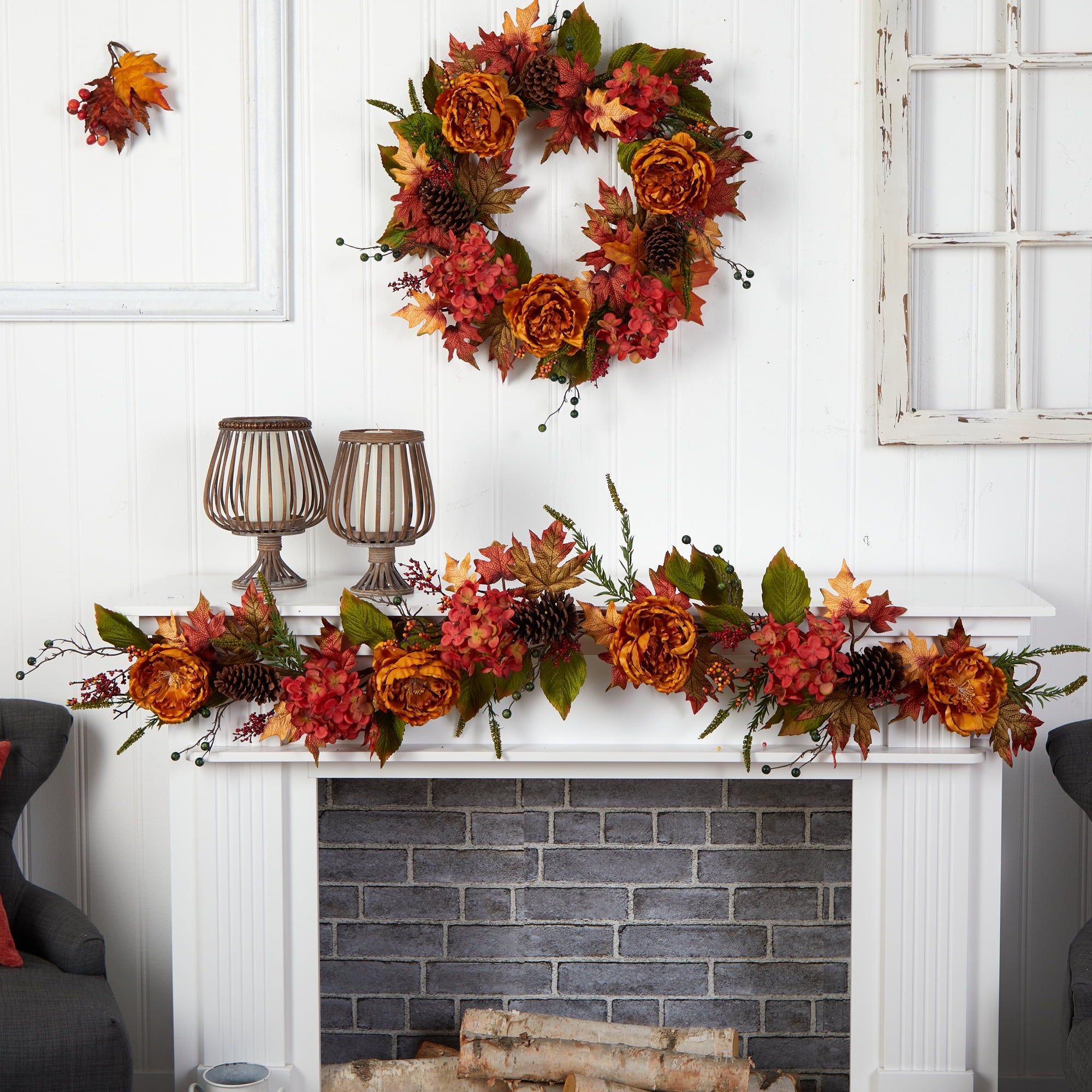 Nearly Natural Unlit Ranunculus Hydrangea Autumn Artificial Garland, 72" (Orange)